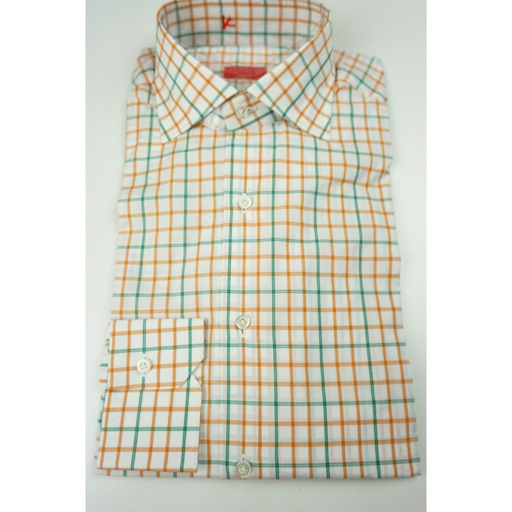 Isaia Napoli Carrot Lime White Plaid Long Sleeve Cotton Dress Shirt 15.5/39 New